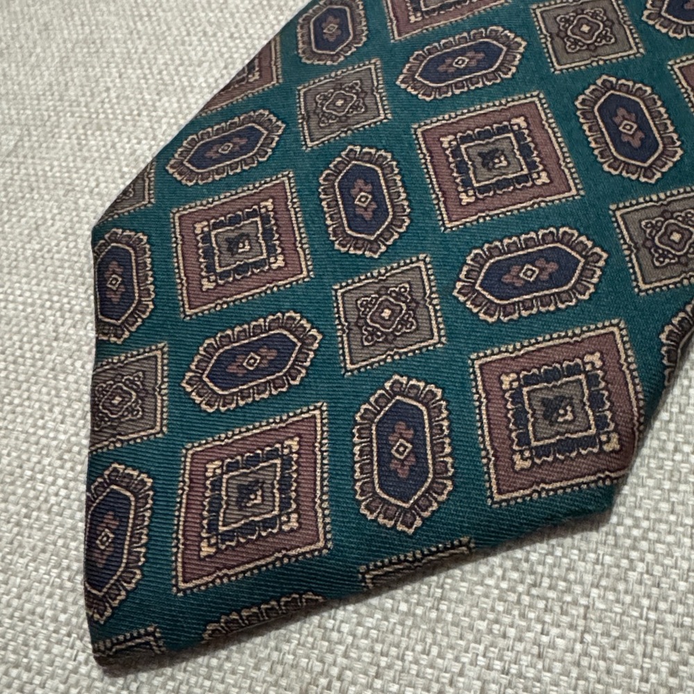 EUC Liberty of London Silk Tie-Teal/Brown Geo Print - Picture 3 of 8